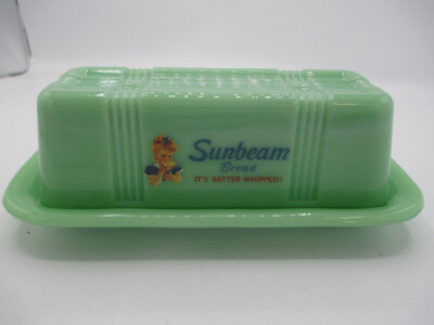 Butter Dish Sunbeam Bread Logo Retro Depression Style Jadeite Glass Green