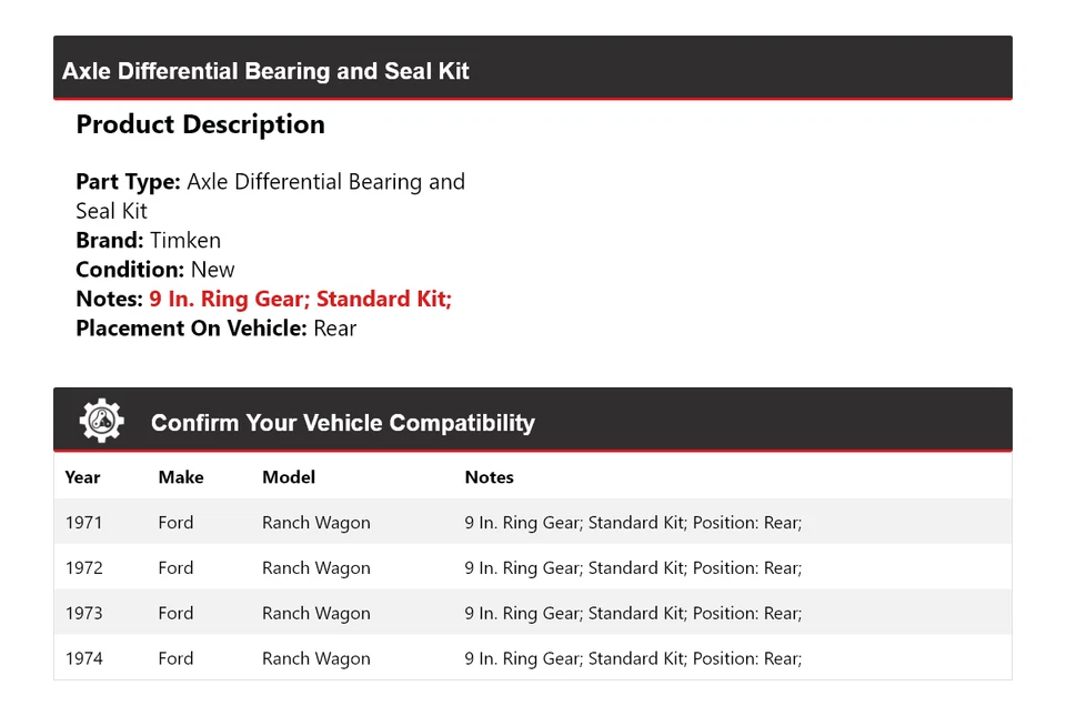 For 1971-74 Ford Ranch Wagon Axle Differential Bearing and Seal Kit Rear Timken - Image 2 of 3