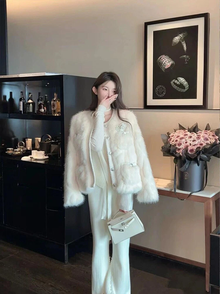 OFF WHITE Lussuoso cappotto pelliccia di volpe invernale donna corto pelliccia di volpe giacca slim caldo cappotti festa