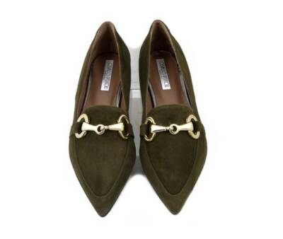 Damen Halbschuhe mit Spitze Echtleder Wildleder grün niedriger Absatz Made in Italy