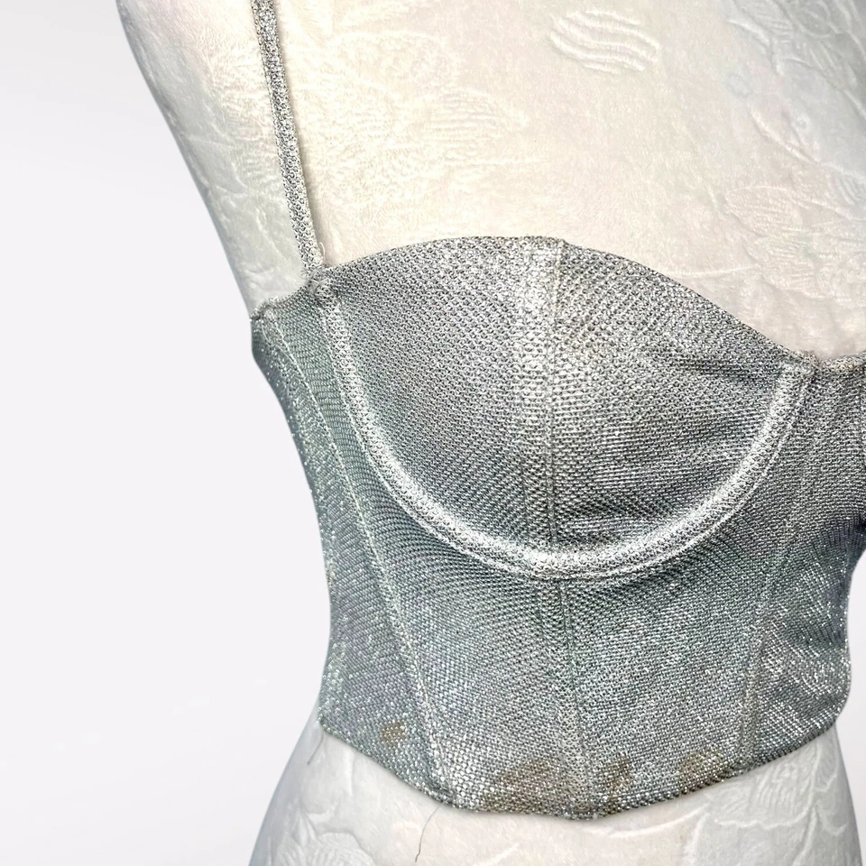 Corsé Top Metálico Plateado Zorro Blanco Top Recortado Brillo Bustier XS Foto 2 de 4