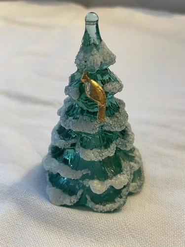 Fenton Small Green Snow Flocked Christmas Tree with Gold Partridge Bird 3"