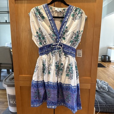 NWT CeCe Cap Sleeve Smocked Waist Lined Green blue white Dress Size XS