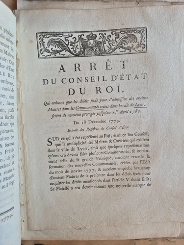 LOT 4 ARRETS DU ROI LYON 1760-1781 Grande Fabrique Soie Boulangers Corporations