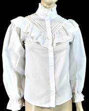 Vintage 70s Victorian Edwardian Steampunk Eyelet Ruffle White Cotton Blouse S