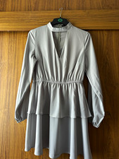 Missguided Grey V-Neck Long Sleeve Chiffon Fit & Flare Short Dress Size 14