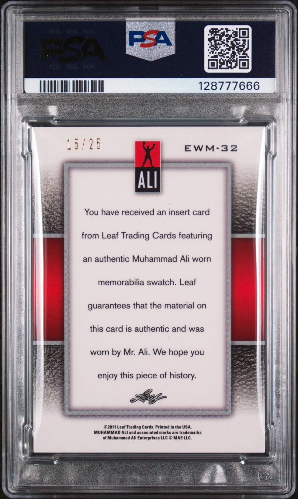 MUHAMMAD ALI EVENT WORN SWATCH 2011 Leaf Metal PRISM BLUE /25 THE ONLY PSA 9 view 2