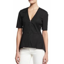 VERONICA BEARD Meyer Black Zip Front Peplum Short Sleeve Top Minimalist Lux 8 M