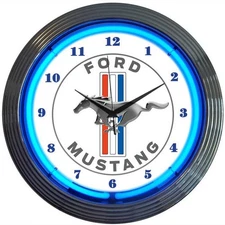 Ford Mustang White & Chrome Wall Clock with Running Horse Logo & Blue Neon Light