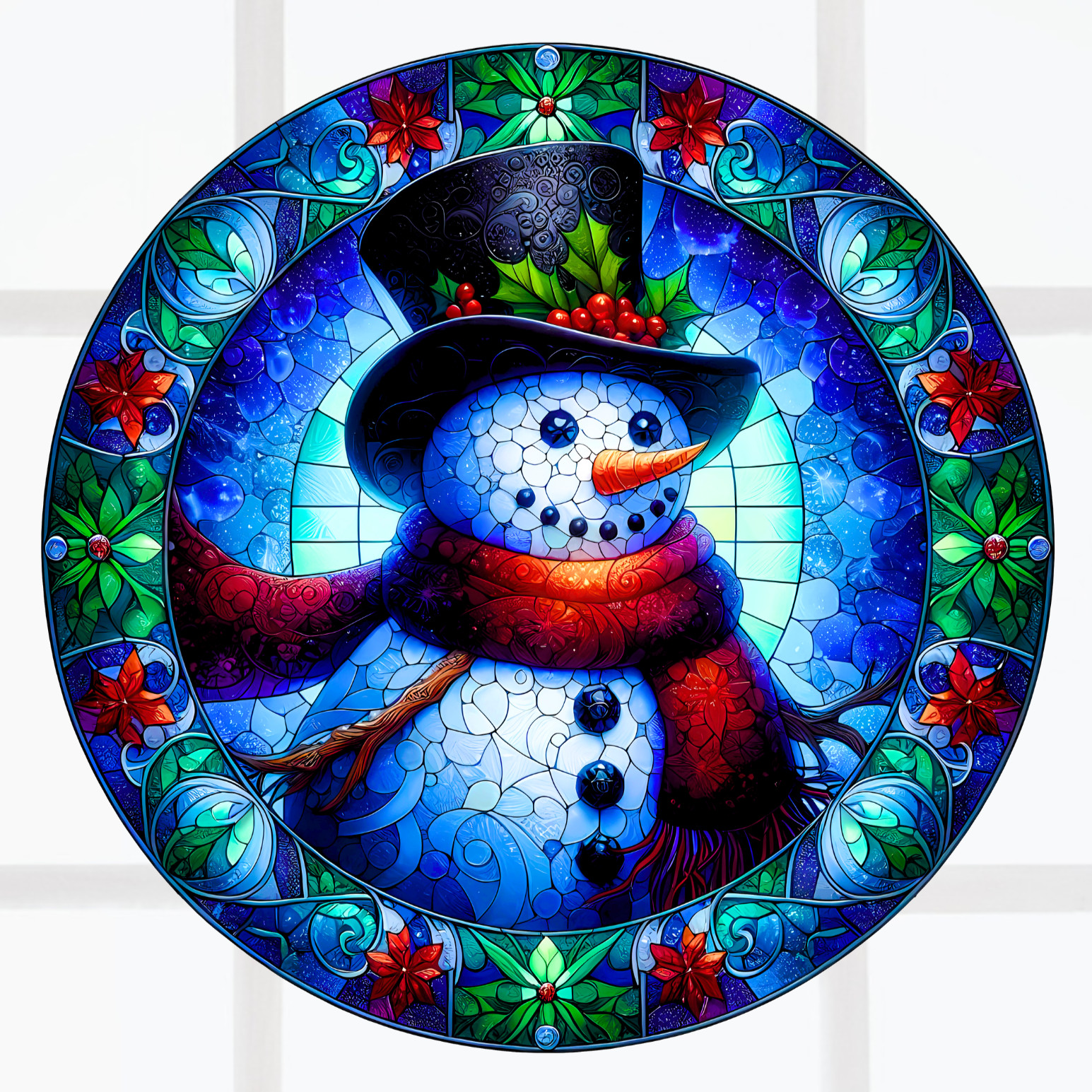 Snowman Faux Stained Glass WINDOW CLING Sun-catcher Size 8" Round Vinyl
