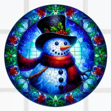 Snowman Faux Stained Glass WINDOW CLING Sun-catcher Size 8" Round Vinyl