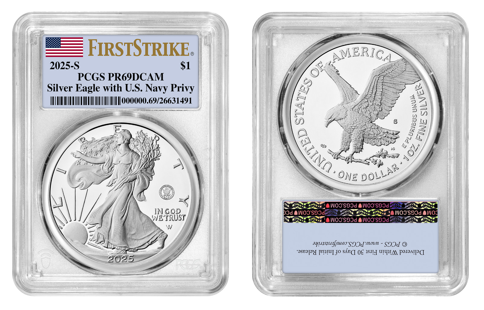 2025 S Silver Eagle $1 US Navy Privy PCGS PR69DCAM FirstStrike #2