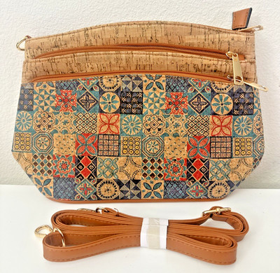 Cork Crossbody Bag Boho Mosaic Tile Print Purse Adjustable Strap