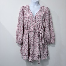 Arula Pink Floral Short Romper Dress Lined Long Sleeve Sz C 2X Wedding Cottage
