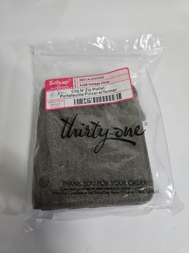 Neu mit Etikett Thirty-One Clip N' Zip Vintage olivfarben Baumwolle Canvas Geldbörse