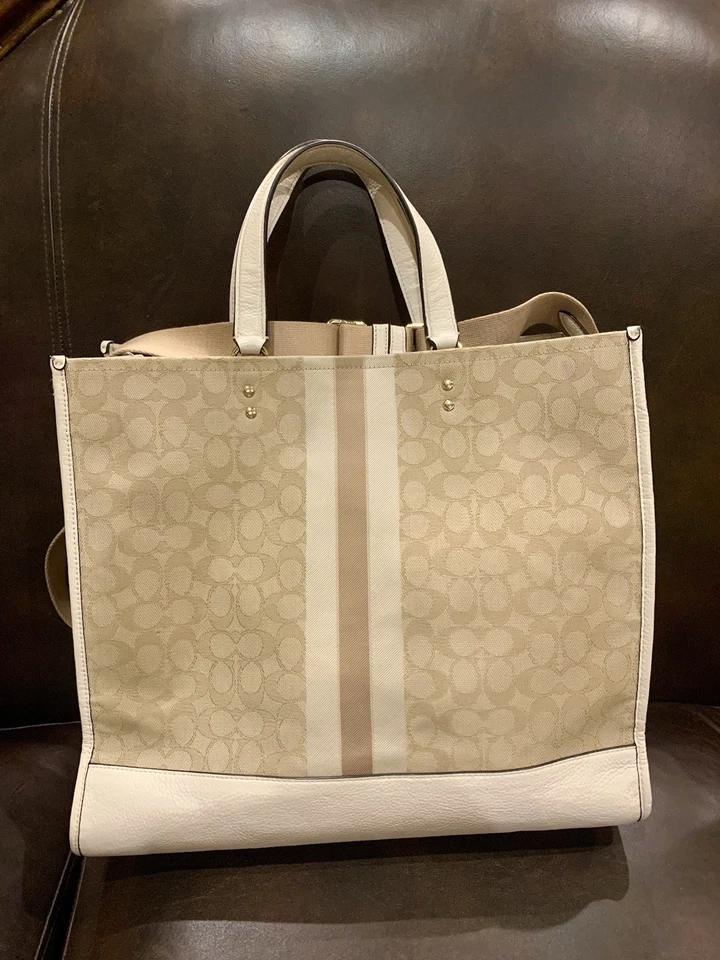 Bolso de Mano Coach Dempsey 40 Caqui Rayas Firma Jacquard Parche Cuero Crema Trm Foto 3 de 4