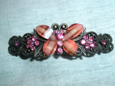 Pink Glass and Rhinestone Oxidized Silver Butterfly 3.5" Hair Barrette NWT