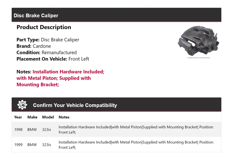 For 1998-1999 BMW 323is Disc Brake Caliper Front Left Cardone - Image 2 of 4