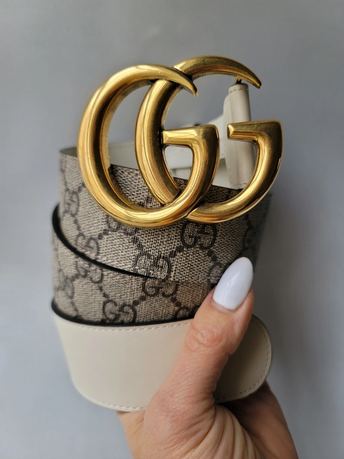 Ceinture large imprimé Gucci GG Marmont G 85 34 monogramme cuir blanc cassé neuf avec étiquettes