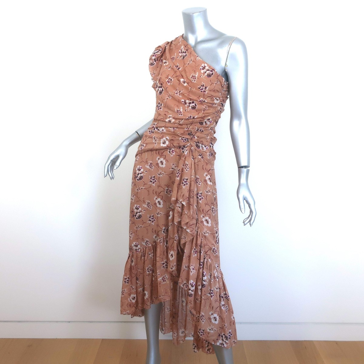 Ulla Johnson Belline Ruffled One-Shoulder Dress Beige Floral Print Silk  Size