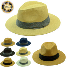 Mens Womens Summer Beach Sun Straw Panama Fedora Flat Hat Big Brim Band Cap