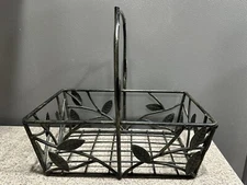 Metal Rectangular Basket With Leaves 9.5”Wx6.5”Lx9”H