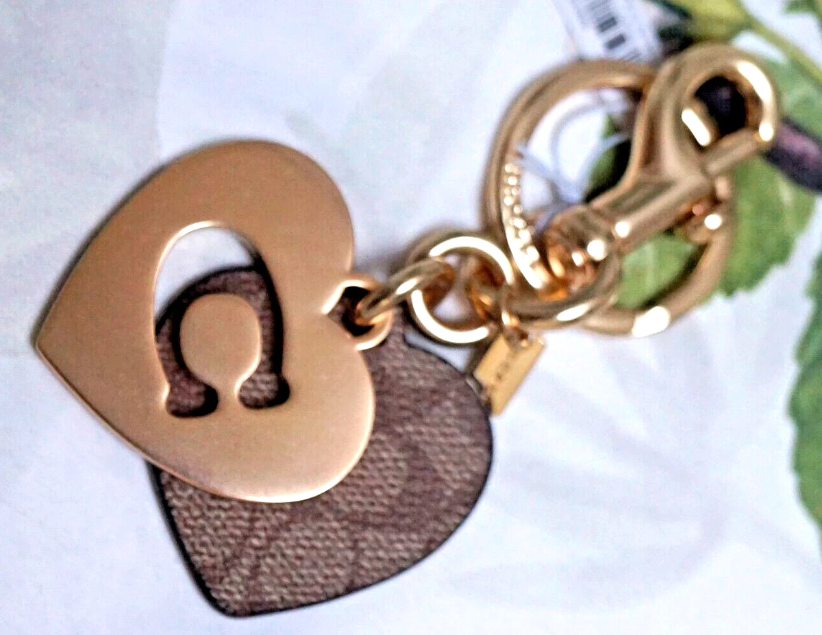 NWT COACH Signature Hearts Bag Charm Purse Keychain Key Ring In KHAKI Gold Tone