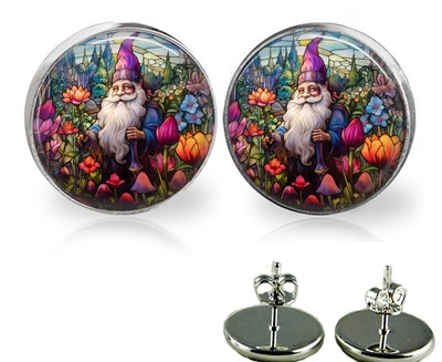 Faux Stained Glass Garden Gnome Fantasy Garden Gnome Lover Stud Earrings