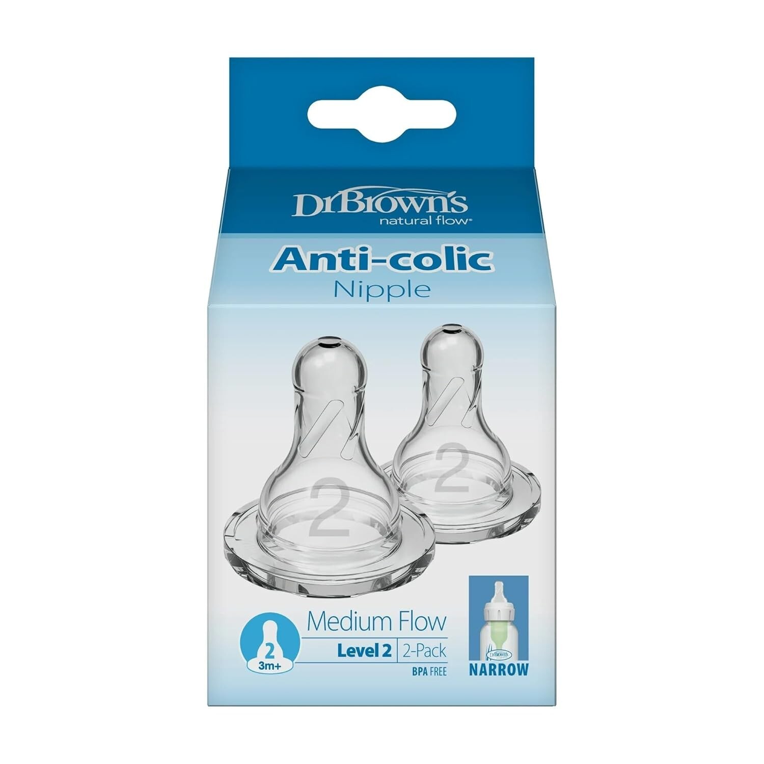 Dr. Brown&rsquo;S Natural Flow Level 2 Narrow Baby Bottle Silicone Nipple, Medium Flow