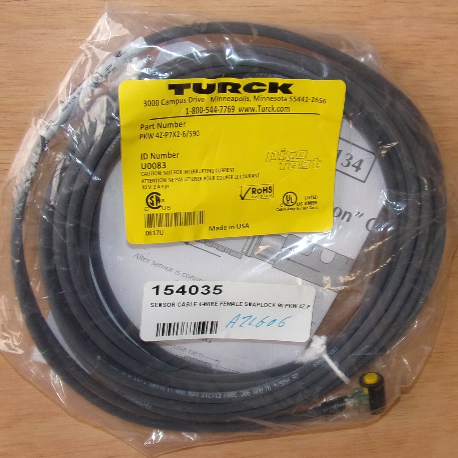 Turck Picofast 30VDC 4-Wire Female M8 Cordset Cable PKW 4Z-P7X2-6/S90 (U0083)