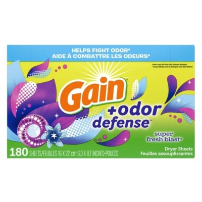 Gain Odor Defense Dryer Sheets Super Fresh Blast Scent Wrinkle Releasing 180 Ct