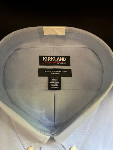 Camicia Kirkland senza ferro 100% cotone su misura manica lunga blu massiccio 19 34 35 nuova - Foto 3 di 6