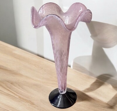 Vintage Hand Blown Amethyst Stretch Glass Vase Applied Circular Foot 9 H