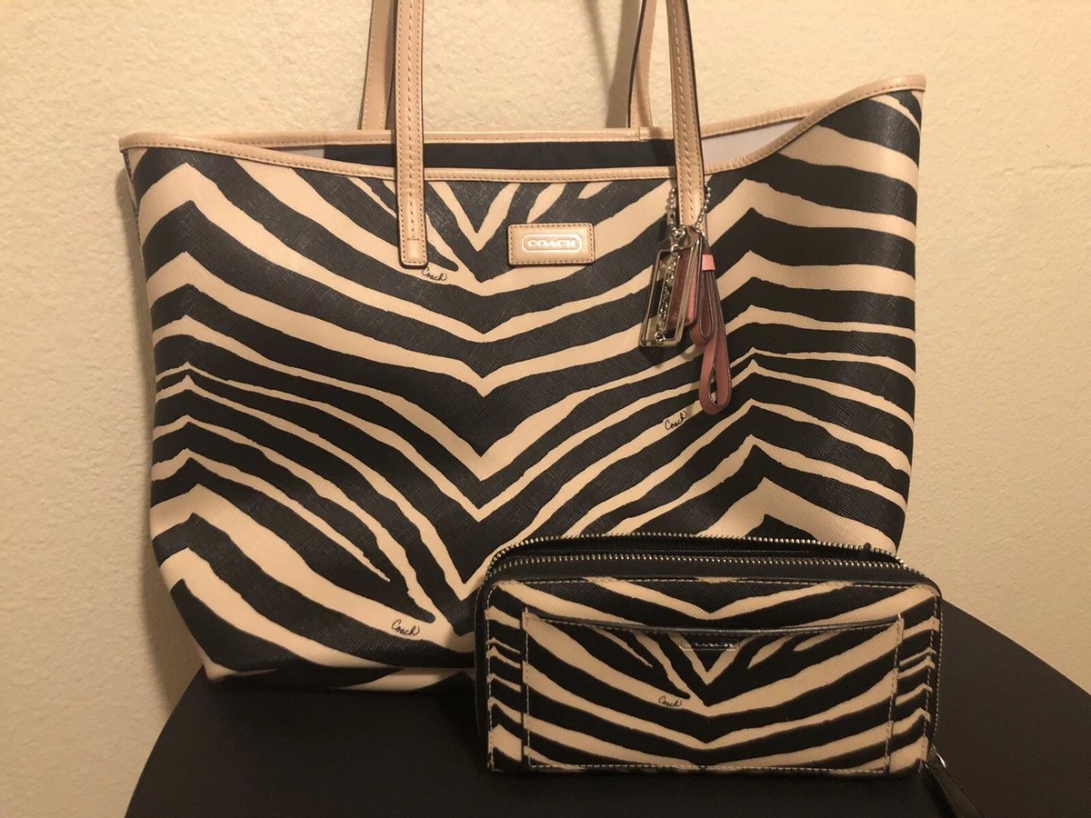 COACH PARK METRO ZEBRA TAN/BLACK LARGE TOTE F26983 W/MATCHING ACCORDION  WALLET