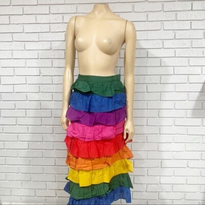 【COLOR iN ID】Cut-off layered skirt Farm Rio Women's Color Blocking Layered Midi Skirt - Size XS
