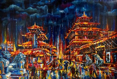''RAINY DURBAR'' Nepal Painting-Exclusive Original Acrylic Paintings on Canvas