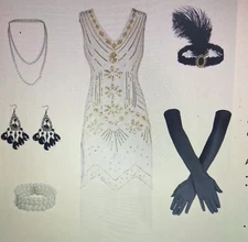 1920s Flapper Dress Fringe Gatsby Costume Wht W/Gold Sequins Accessories XL EUC