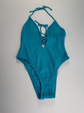 Lucky Brand Swim One Piece Triangle Open Back Swimsuit  Turquoise S NWT