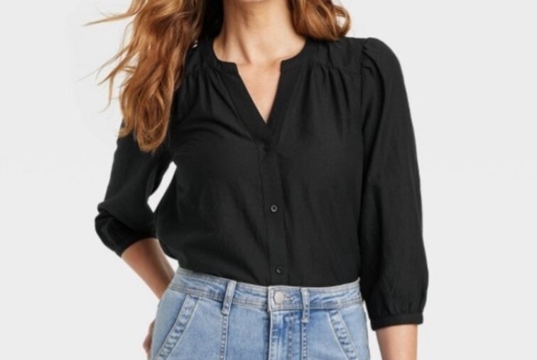Women's 3/4 Sleeve V-Neck button up Blouse - Knox Rose black size XL