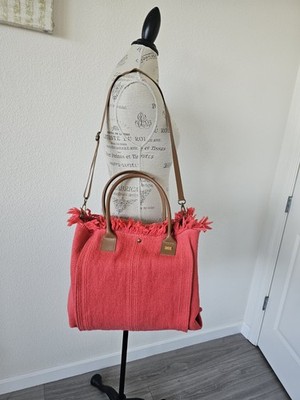 TSD12 Coral Canvas Tote Bag with Brown Leathet Handles Crossbody NWT