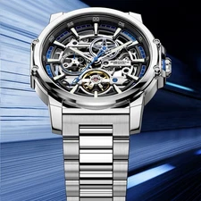 Men Automatic Mechanical Watch Skeleton Luminous Waterproof Business Wristwatch