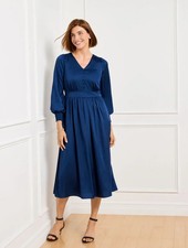 NWT $169 TALBOTS RADIANT SAPPHIRE BLUE SMOCKED  SATIN CHARMEUSE MIDI  DRESS 16