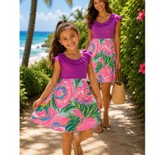Lilly Pulitzer Girls XL 12-14 Floral Ruffle Neck Dress Purple Pink Green 25279
