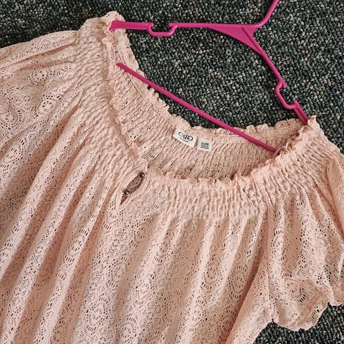 Cato Women Blouse Size 26/28W Pink Lace Smocked Peasant Top Short Sleeve Casual