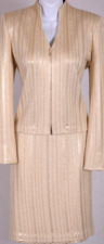 ST.JOHN Women's Cream Gold Sequins Studs Rhinestone Zip Jacket Skirt Sz 10
