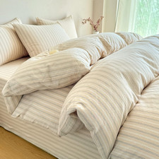 Beige Striped Duvet Cover Set Queen 100 Washed Cotton Beige Wide and Pinstriped