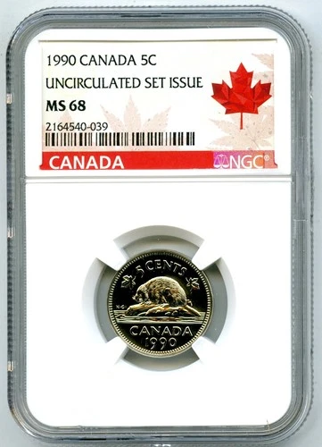 1990 CANADA 5 CENT NICKEL NGC MS 68 UNCIRCULATED SET ISSUE COIN