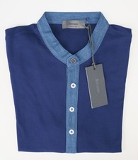 FERRANTE Blue Henley Shirt Slim Fit Stretch Cotton Lightweight Mock Neck 50 / M