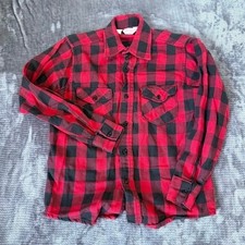 Vintage Best Jim Catfish Hunter Red Black Buffalo Plaid Flannel Shirt Mens M 80s