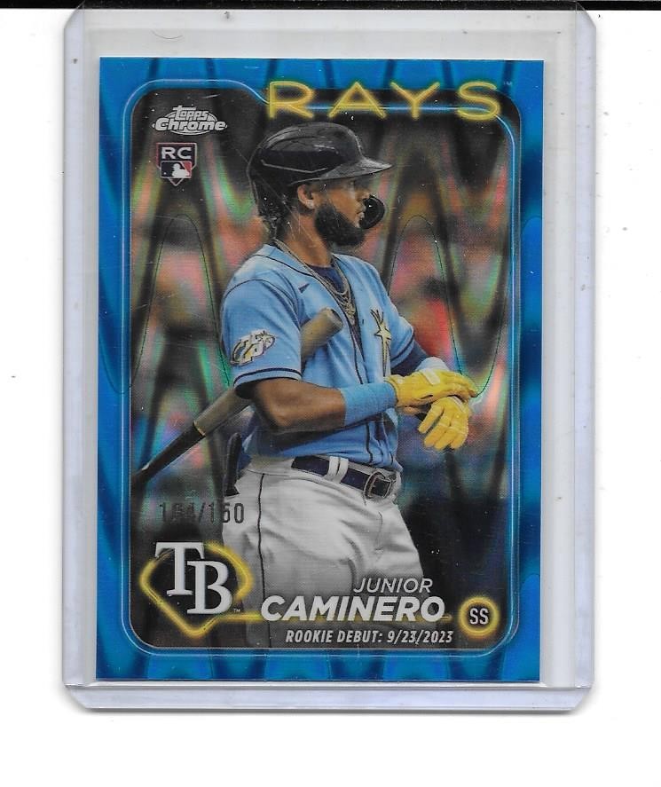 2024 TOPPS CHROME UPDATE JUNIOR CAMINERO RC DEBUT BLUE RAYWAVE REF # 104/150